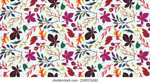 Autumn seamless natural pattern of exotic leaves. Vector floral background. Falling leaf seamless background with Oak. Maple, chestnut, linden, aspen walnut and rowan foliage in cartoon style.
