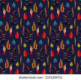 Autumn seamless natural pattern of exotic leaves. Vector floral background. Falling leaf seamless background with Oak. Maple, chestnut, linden, aspen walnut and rowan foliage in cartoon style.