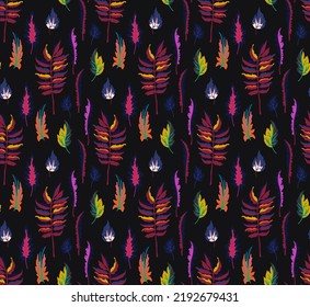 Autumn seamless natural pattern of exotic leaves. Vector floral background. Falling leaf seamless background with Oak. Maple, chestnut, linden, aspen walnut and rowan foliage in cartoon style.