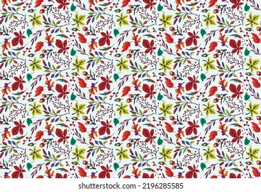 Autumn seamless natural pattern of exotic leaves. Vector floral background. Falling leaf seamless background with Oak. Maple, chestnut, linden, aspen walnut and rowan foliage in cartoon style.