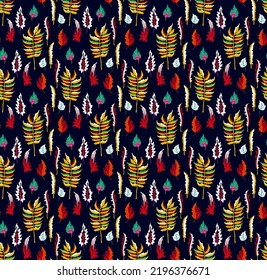 Autumn seamless natural pattern of exotic leaves. Vector floral background. Falling leaf seamless background with Oak. Maple, chestnut, linden, aspen walnut and rowan foliage in cartoon style.