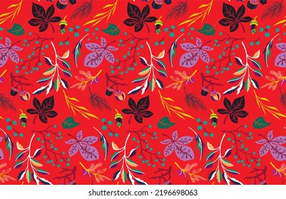 Autumn seamless natural pattern of exotic leaves. Vector floral background. Falling leaf seamless background with Oak. Maple, chestnut, linden, aspen walnut and rowan foliage in cartoon style.