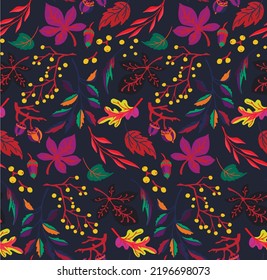 Autumn seamless natural pattern of exotic leaves. Vector floral background. Falling leaf seamless background with Oak. Maple, chestnut, linden, aspen walnut and rowan foliage in cartoon style.