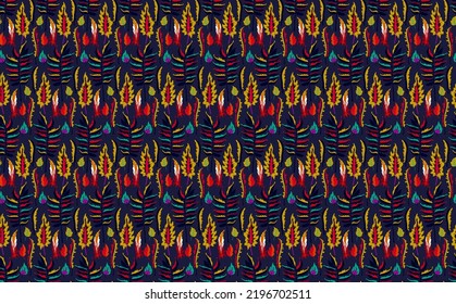 Autumn seamless natural pattern of exotic leaves. Vector floral background. Falling leaf seamless background with Oak. Maple, chestnut, linden, aspen walnut and rowan foliage in cartoon style.