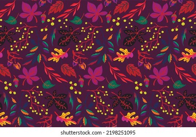 Autumn seamless natural pattern of exotic leaves. Vector floral background. Falling leaf seamless background with Oak. Maple, chestnut, linden, aspen walnut and rowan foliage in cartoon style.