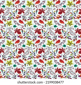Autumn seamless natural pattern of exotic leaves. Vector floral background. Falling leaf seamless background with Oak. Maple, chestnut, linden, aspen walnut and rowan foliage in cartoon style.