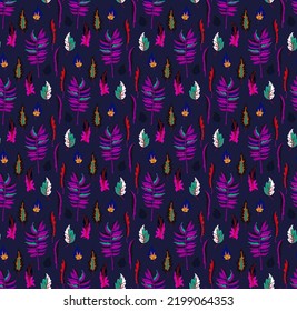 Autumn seamless natural pattern of exotic leaves. Vector floral background. Falling leaf seamless background with Oak. Maple, chestnut, linden, aspen walnut and rowan foliage in cartoon style.