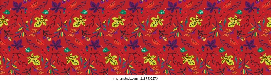 Autumn seamless natural pattern of exotic leaves. Vector floral background. Falling leaf seamless background with Oak. Maple, chestnut, linden, aspen walnut and rowan foliage in cartoon style.