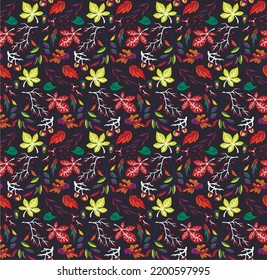 Patrón natural de hojas exóticas de otoño. Fondo vectorial floral. Caer en el fondo sin fisuras con roble. Maple, castaño, linden, nogal de álamos y follaje de rowan al estilo de las caricaturas.