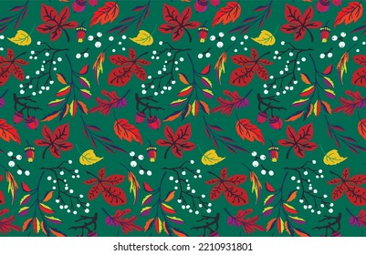 Autumn seamless natural pattern of exotic leaves. Vector floral background. Falling leaf seamless background with Oak. Maple, chestnut, linden, aspen walnut and rowan foliage in cartoon style.