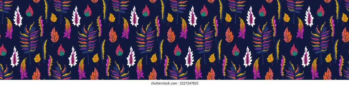 Autumn seamless natural pattern of exotic leaves. Vector floral background. Falling leaf seamless background with Oak. Maple, chestnut, linden, aspen walnut and rowan foliage in cartoon style.