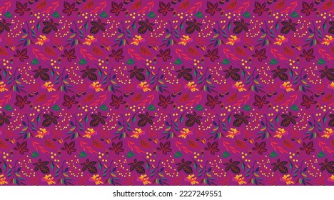Autumn seamless natural pattern of exotic leaves. Vector floral background. Falling leaf seamless background with Oak. Maple, chestnut, linden, aspen walnut and rowan foliage in cartoon style.