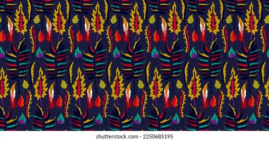 Patrón natural de hojas exóticas de otoño. Fondo vectorial floral. Caer en el fondo sin fisuras con roble. Maple, castaño, linden, nogal de álamos y follaje de rowan al estilo de las caricaturas.