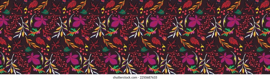 Autumn seamless natural pattern of exotic leaves. Vector floral background. Falling leaf seamless background with Oak. Maple, chestnut, linden, aspen walnut and rowan foliage in cartoon style.
