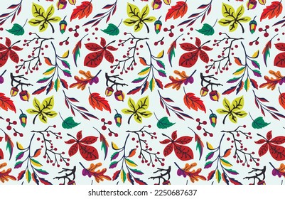 Patrón natural de hojas exóticas de otoño. Fondo vectorial floral. Caer en el fondo sin fisuras con roble. Maple, castaño, linden, nogal de álamos y follaje de rowan al estilo de las caricaturas.