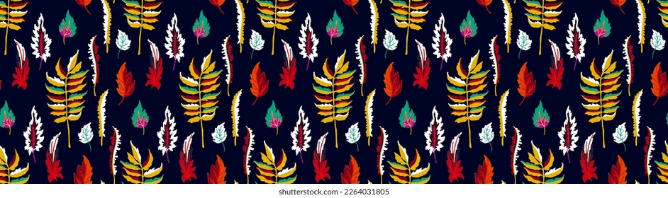 Patrón natural de hojas exóticas de otoño. Fondo vectorial floral. Caer en el fondo sin fisuras con roble. Maple, castaño, linden, nogal de álamos y follaje de rowan al estilo de las caricaturas.