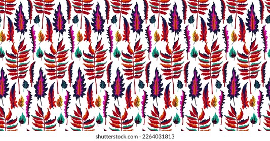 Autumn seamless natural pattern of exotic leaves. Vector floral background. Falling leaf seamless background with Oak. Maple, chestnut, linden, aspen walnut and rowan foliage in cartoon style.