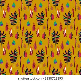 Patrón natural de hojas exóticas de otoño. Fondo vectorial floral. Caer en el fondo sin fisuras con roble. Maple, castaño, linden, nogal de álamos y follaje de rowan al estilo de las caricaturas.