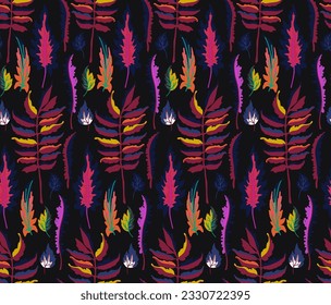 Autumn seamless natural pattern of exotic leaves. Vector floral background. Falling leaf seamless background with Oak. Maple, chestnut, linden, aspen walnut and rowan foliage in cartoon style.