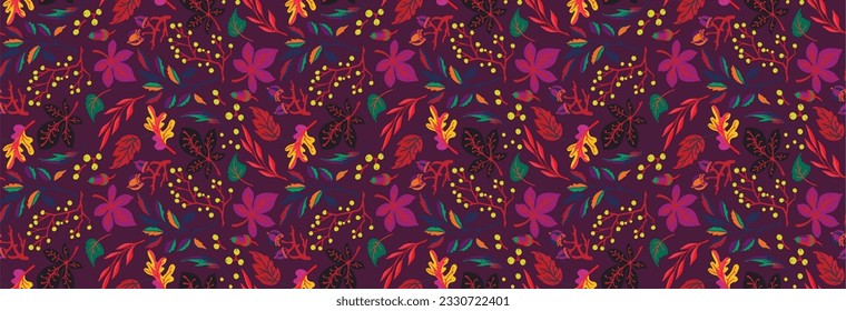 Autumn seamless natural pattern of exotic leaves. Vector floral background. Falling leaf seamless background with Oak. Maple, chestnut, linden, aspen walnut and rowan foliage in cartoon style.