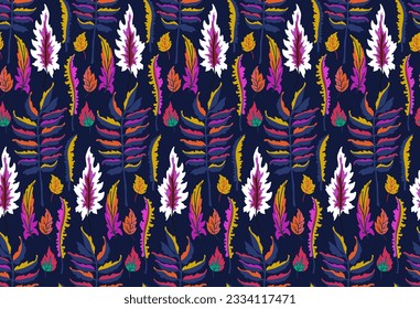 Autumn seamless natural pattern of exotic leaves. Vector floral background. Falling leaf seamless background with Oak. Maple, chestnut, linden, aspen walnut and rowan foliage in cartoon style.