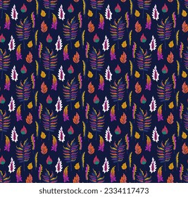 Autumn seamless natural pattern of exotic leaves. Vector floral background. Falling leaf seamless background with Oak. Maple, chestnut, linden, aspen walnut and rowan foliage in cartoon style.
