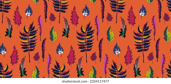 Autumn seamless natural pattern of exotic leaves. Vector floral background. Falling leaf seamless background with Oak. Maple, chestnut, linden, aspen walnut and rowan foliage in cartoon style.