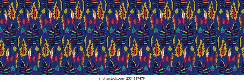 Autumn seamless natural pattern of exotic leaves. Vector floral background. Falling leaf seamless background with Oak. Maple, chestnut, linden, aspen walnut and rowan foliage in cartoon style.