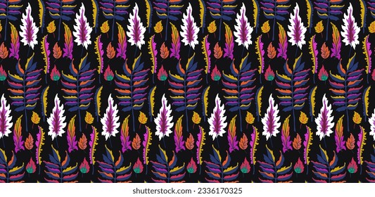 Autumn seamless natural pattern of exotic leaves. Vector floral background. Falling leaf seamless background with Oak. Maple, chestnut, linden, aspen walnut and rowan foliage in cartoon style.