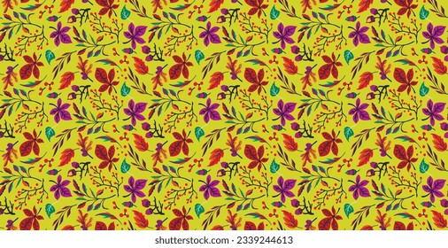 Autumn seamless natural pattern of exotic leaves. Vector floral background. Falling leaf seamless background with Oak. Maple, chestnut, linden, aspen walnut and rowan foliage in cartoon style.