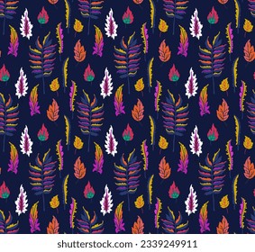 Autumn seamless natural pattern of exotic leaves. Vector floral background. Falling leaf seamless background with Oak. Maple, chestnut, linden, aspen walnut and rowan foliage in cartoon style.