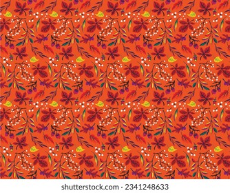 Autumn seamless natural pattern of exotic leaves. Vector floral background. Falling leaf seamless background with Oak. Maple, chestnut, linden, aspen walnut and rowan foliage in cartoon style.