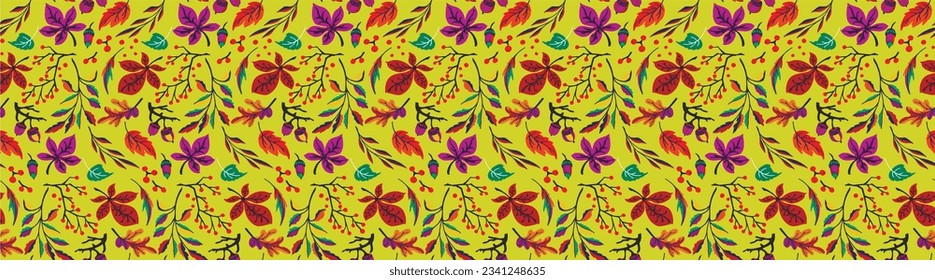 Autumn seamless natural pattern of exotic leaves. Vector floral background. Falling leaf seamless background with Oak. Maple, chestnut, linden, aspen walnut and rowan foliage in cartoon style.