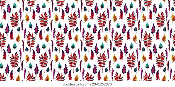 Autumn seamless natural pattern of exotic leaves. Vector floral background. Falling leaf seamless background with Oak. Maple, chestnut, linden, aspen walnut and rowan foliage in cartoon style.