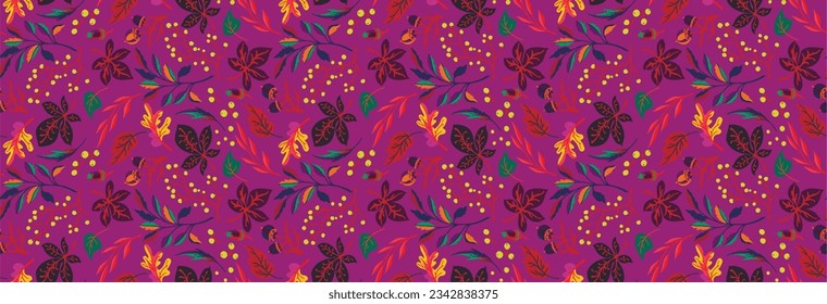 Autumn seamless natural pattern of exotic leaves. Vector floral background. Falling leaf seamless background with Oak. Maple, chestnut, linden, aspen walnut and rowan foliage in cartoon style.