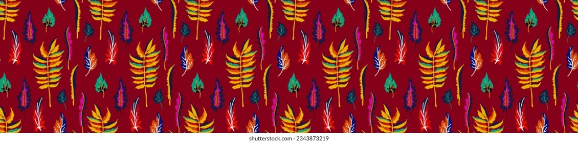 Autumn seamless natural pattern of exotic leaves. Vector floral background. Falling leaf seamless background with Oak. Maple, chestnut, linden, aspen walnut and rowan foliage in cartoon style.