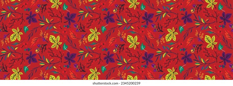 Patrón natural de hojas exóticas de otoño. Fondo vectorial floral. Caer en el fondo sin fisuras con roble. Maple, castaño, linden, nogal de álamos y follaje de rowan al estilo de las caricaturas.