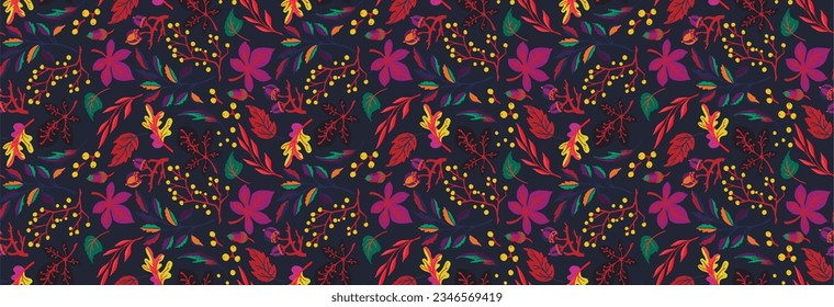 Autumn seamless natural pattern of exotic leaves. Vector floral background. Falling leaf seamless background with Oak. Maple, chestnut, linden, aspen walnut and rowan foliage in cartoon style.