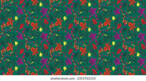 Autumn seamless natural pattern of exotic leaves. Vector floral background. Falling leaf seamless background with Oak. Maple, chestnut, linden, aspen walnut and rowan foliage in cartoon style.