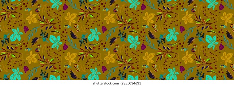 Herbst nahtlose natürliche Muster exotischer Blätter. Vektorfloraler Hintergrund. Fallende Blätter nahtloser Hintergrund mit Eiche. Ahorn, Kastanie, Leinen, Apfelwalnuss und Rouan-Blätter im Cartoon-Stil.