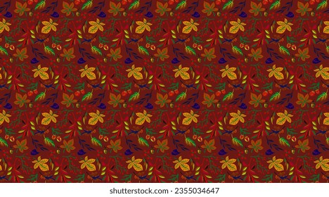 Autumn seamless natural pattern of exotic leaves. Vector floral background. Falling leaf seamless background with Oak. Maple, chestnut, linden, aspen walnut and rowan foliage in cartoon style.