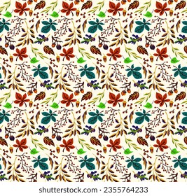 Autumn seamless natural pattern of exotic leaves. Vector floral background. Falling leaf seamless background with Oak. Maple, chestnut, linden, aspen walnut and rowan foliage in cartoon style.