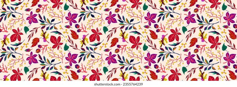Autumn seamless natural pattern of exotic leaves. Vector floral background. Falling leaf seamless background with Oak. Maple, chestnut, linden, aspen walnut and rowan foliage in cartoon style.