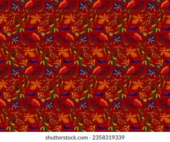 Autumn seamless natural pattern of exotic leaves. Vector floral background. Falling leaf seamless background with Oak. Maple, chestnut, linden, aspen walnut and rowan foliage in cartoon style.