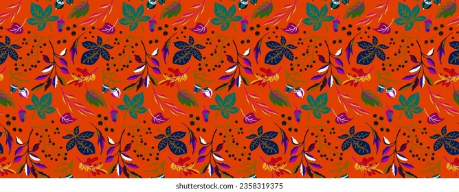 Patrón natural de hojas exóticas de otoño. Fondo vectorial floral. Caer en el fondo sin fisuras con roble. Maple, castaño, linden, nogal de álamos y follaje de rowan al estilo de las caricaturas.
