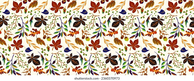 Autumn seamless natural pattern of exotic leaves. Vector floral background. Falling leaf seamless background with Oak. Maple, chestnut, linden, aspen walnut and rowan foliage in cartoon style.