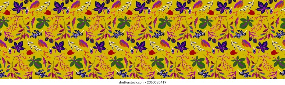 Autumn seamless natural pattern of exotic leaves. Vector floral background. Falling leaf seamless background with Oak. Maple, chestnut, linden, aspen walnut and rowan foliage in cartoon style.