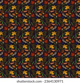 Autumn seamless natural pattern of exotic leaves. Vector floral background. Falling leaf seamless background with Oak. Maple, chestnut, linden, aspen walnut and rowan foliage in cartoon style.
