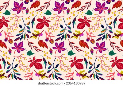 Autumn seamless natural pattern of exotic leaves. Vector floral background. Falling leaf seamless background with Oak. Maple, chestnut, linden, aspen walnut and rowan foliage in cartoon style.