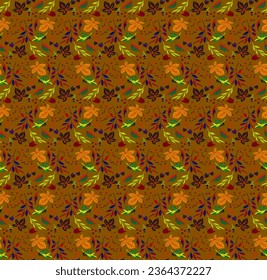 Autumn seamless natural pattern of exotic leaves. Vector floral background. Falling leaf seamless background with Oak. Maple, chestnut, linden, aspen walnut and rowan foliage in cartoon style.